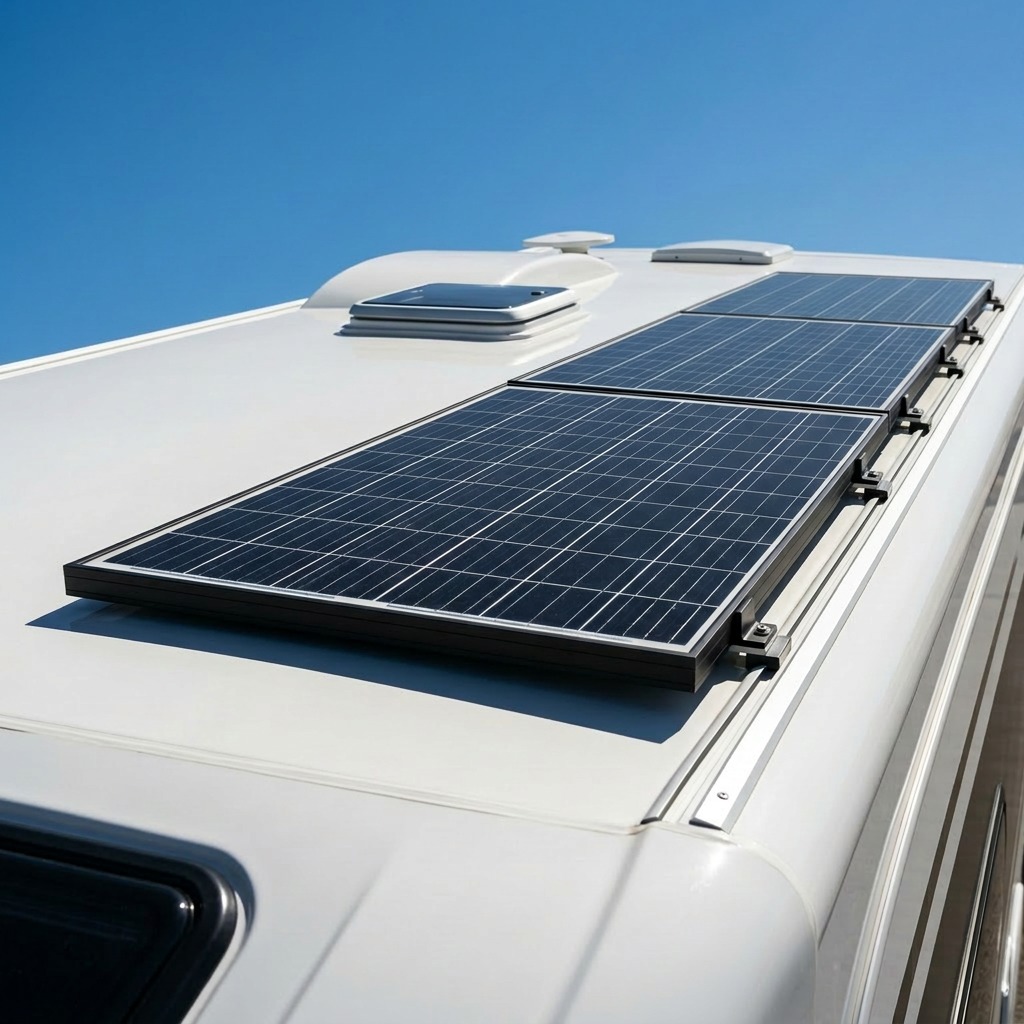 Solar panels mounted on an RV roof